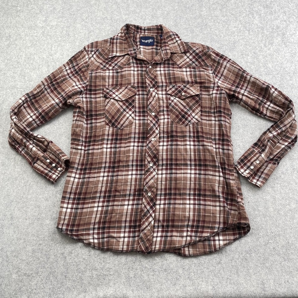 Wrangler Mens Large Brown Plaid Flannel Western Snap Long Sleeve Shirt 75098AA